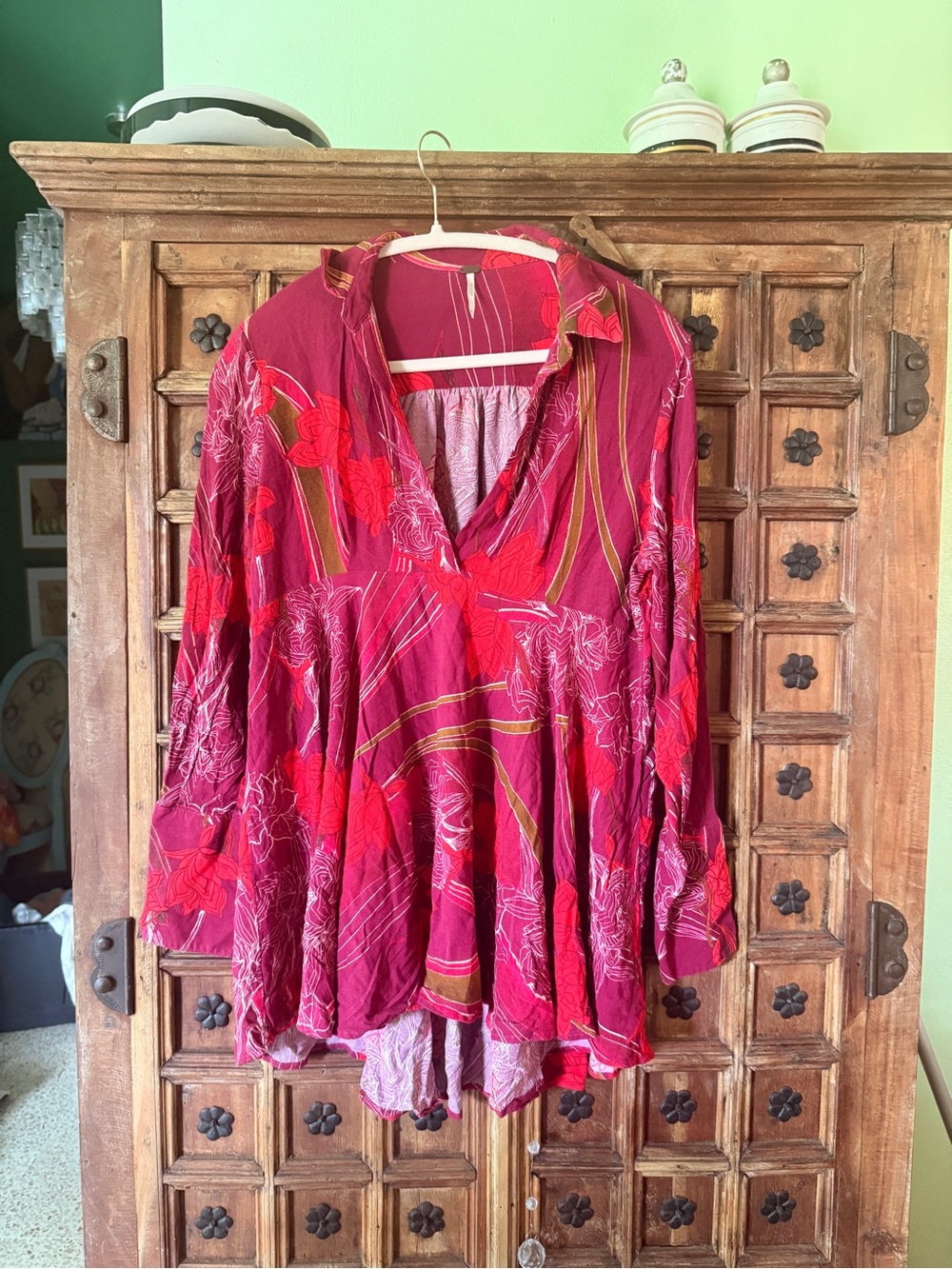 Free People Red Floral V-Neck Boho Tunic